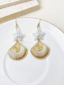 1 Đôi bông tai kiểu Bohemian đính ngọc trai giả hình sao biển và vỏ sò, chất liệu kim loại, thích hợp cho kỳ nghỉ biển hoặc dự tiệc của phụ nữ. - Vàng - Xem 1