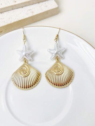 1 par de pendientes colgantes de metal con estrella de mar y concha de estilo bohemio con perlas falsas, adecuados para vacaciones en la playa de mujeres, uso en fiestas