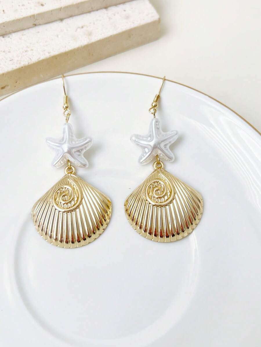 1 Đôi bông tai kiểu Bohemian đính ngọc trai giả hình sao biển và vỏ sò, chất liệu kim loại, thích hợp cho kỳ nghỉ biển hoặc dự tiệc của phụ nữ. - Vàng - Xem 1