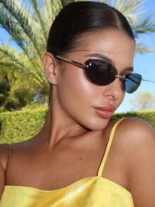 1 pieza Gafas ovaladas sin marco personalizadas, gafas multifuncionales retro Y2K grandes para mujer, adecuadas para viajes, vacaciones, regalo, uso diario, accesorio de playa - Negro - Ver 5