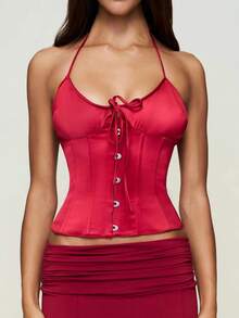 Women's Tie Front Button Down Cami Top Y2k Spaghetti Strap Square Neck Satin Bustier Corset Tops Lace Up Camisole Going Out Top - 紅色 - 查看 2