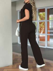 Conjunto de 2 piezas de mujer con top de manga corta de cuello redondo y pantalón  de cintura alta de unicolor minimalista, elegante en negro para primavera/verano - Marrón oscuro 90 - Ver 4
