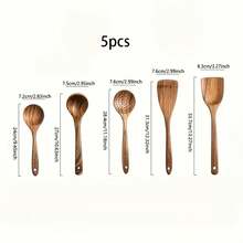 5pcs Wooden Kitchen Utensil Set, Natural Wood Cookware Set, Suitable For Non-Stick Pans, Handmade Soup Spoon And Spatula Basic Set, Mother's Day, Father's Day, Christmas, Thanksgiving Gift | Fashionable And Durable Essential - Wood Color - View 5