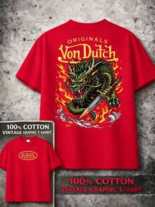Cutton Graphic T-Shirt Vons Dutch Dragon Print Streetwear Everyday Casual Wear Machine Washable Regular Fit All Season Top Weekend Outfit Playful Fashion Durable Shirt Short Sleeve Shirt - 紅色 - 查看 1