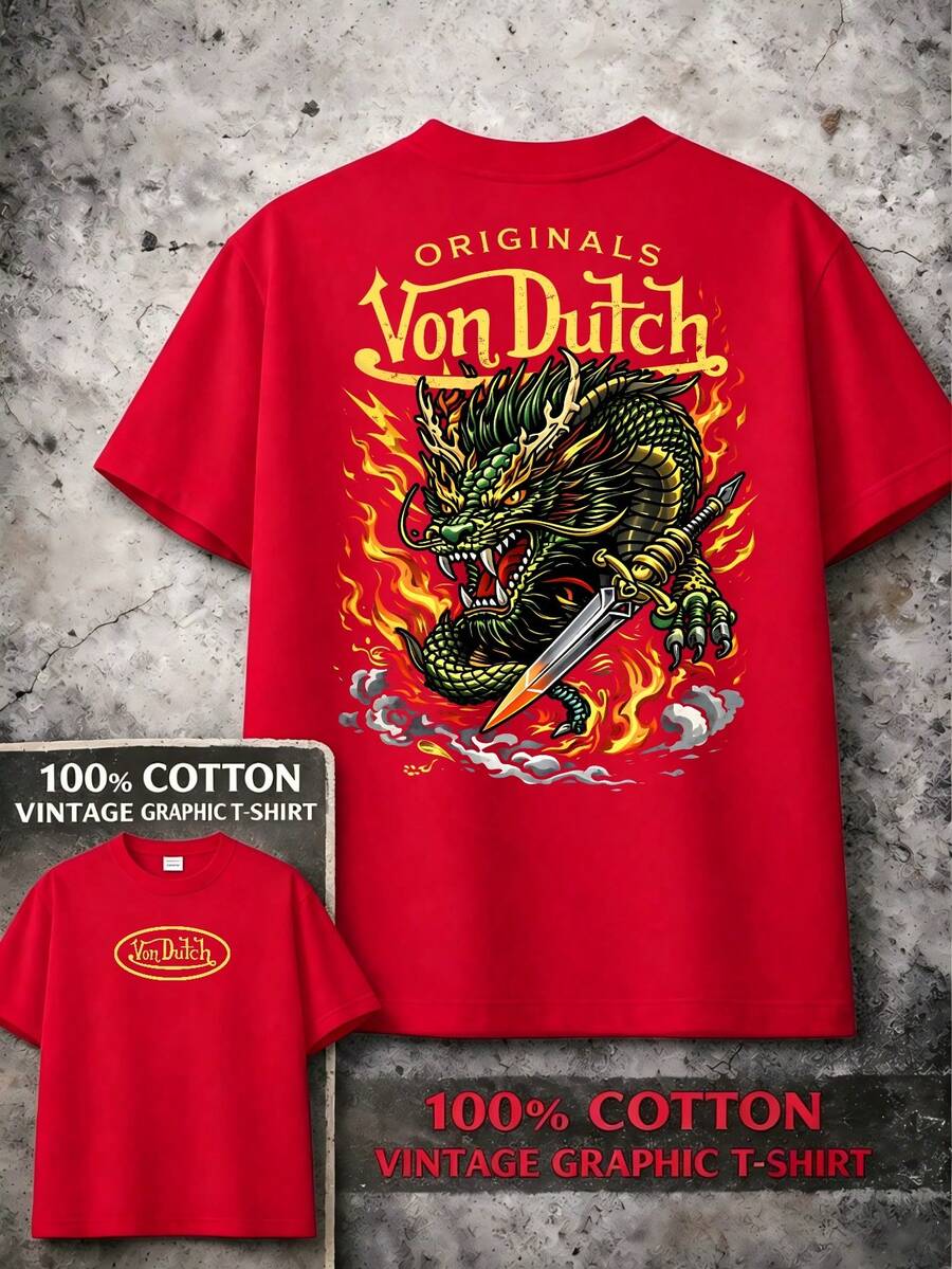 Cutton Graphic T-Shirt Vons Dutch Dragon Print Streetwear Everyday Casual Wear Machine Washable Regular Fit All Season Top Weekend Outfit Playful Fashion Durable Shirt Short Sleeve Shirt - 紅色 - 查看 1