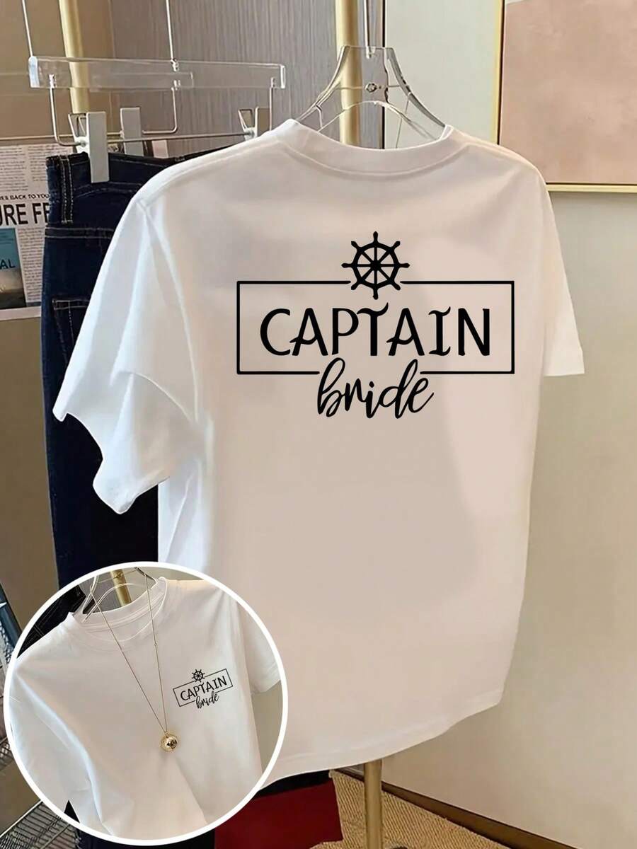 Summer Tops, Captain Bride, Nautical Theme, Graphic Print T-Shirt, Short-Sleeved Crew Neck Casual Top For Summer And Spring, Women's Clothing, Cotton T-Shirt, Summer Outfit - White - View 1