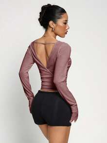 Sporty White Backless Long Sleeve Cropped Top, Perfect For Fitness And Daily Wear, Super Eye-Catching Sports - Dusty Pink - View 4