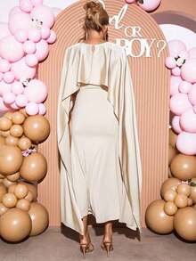 Loomaby Vestido elegante de maternidad con capa de manga para fiesta, vestido para revelación de género, vestido de maternidad para baby shower, unicolor - Albaricoque - Ver 2