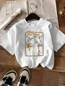 Camiseta de Moda para Mujeres con Cuello Redondo, Tejido de Poliéster Casual, Longitud Regular, Camiseta con Patrón de Verano, Diseño "La Verdad Está Ahí Afuera", Talla Unisex, de Moda, Imprescindible para Expertos, Regalo de Cumpleaños, Regalo de San Valentín, Actividades al Aire Libre para Parejas, Uso Diario - Blanco - Ver 6