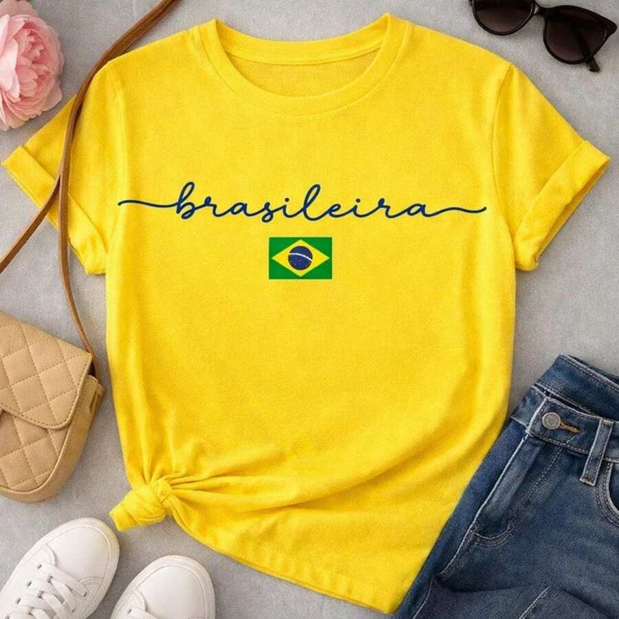 Women's Shirt, Brazil Style, Round Neck Blouse, 100% Cotton - Màu vàng - Xem 1