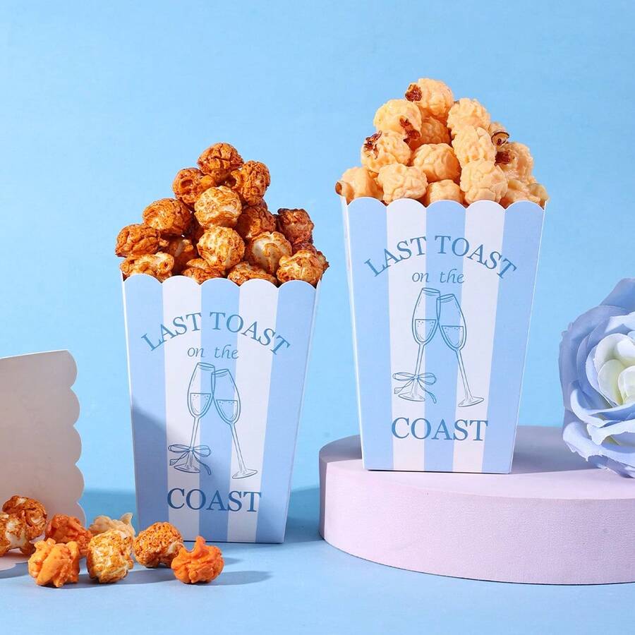10pcs/20pcs/50pcs,Blue White Striped Bachelorette Popcorn Boxes, "Last Toast On The Coast" Paper Snack Containers For Beach Bridal Shower Candy Snack Treat Boxes, Hen Party, Beach Wedding & Nautical Themed Bridal Party,Wedding Rehearsal Dinner Favor - View 1