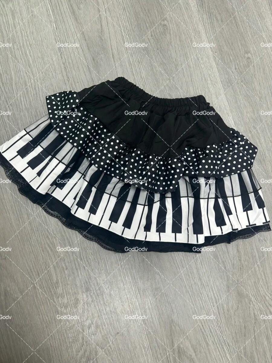 Faldas con teclas de Piano blancas y negras Vintage americanas Y2k, falda acampanada fruncida de cintura delgada para Mujer, novedad de verano 2021, estilo coreano Chic para Mujer - Negro - Ver 1