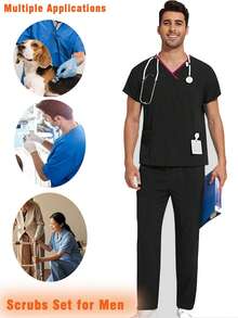 Uniforme de enfermero para hombres con cuello en V, top y pantalones, cintura elástica, 8 bolsillos - Negro - Ver 1