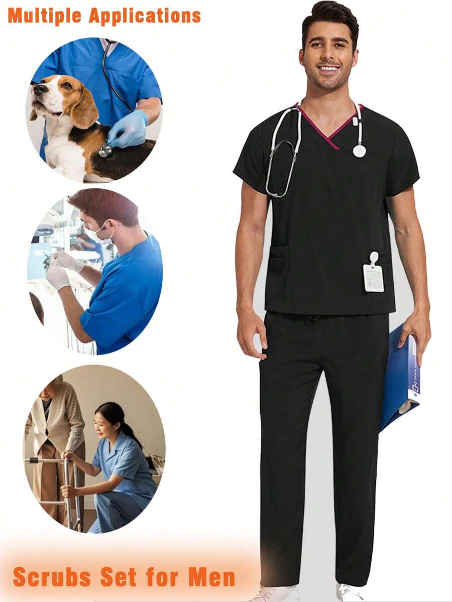 Uniforme de enfermero para hombres con cuello en V, top y pantalones, cintura elástica, 8 bolsillos - Negro - Ver 1