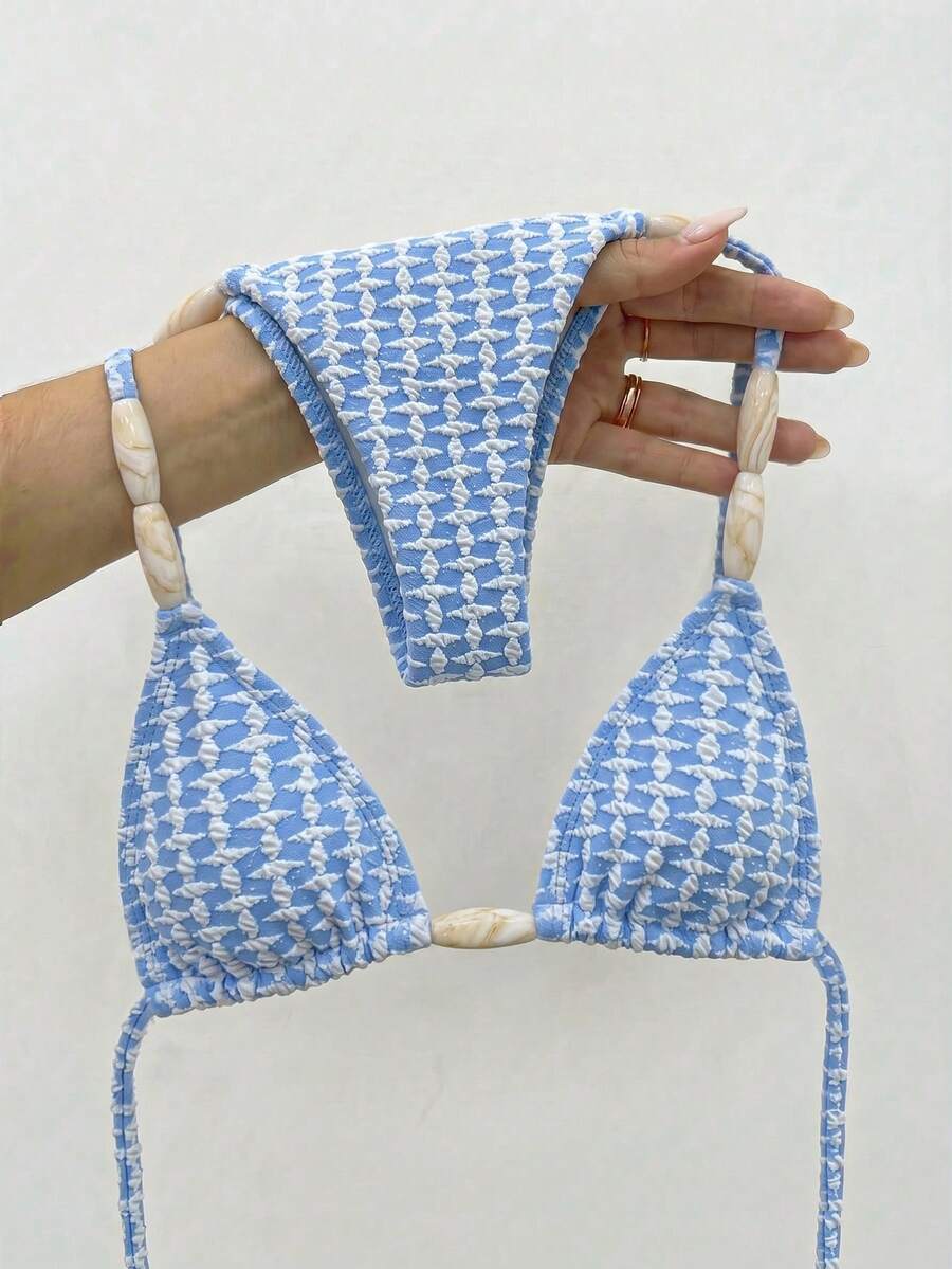 Bộ bikini hai mảnh kiểu bohemian thường ngày dành cho nữ năm 2026, chất liệu vải có họa tiết, thiết kế không gọng, thích hợp cho kỳ nghỉ biển. - Xanh và trắng - Xem 1