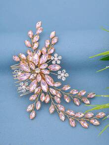 1pc Elegant Crystal Women's Hair Comb, Romantic Bridal Wedding Headpiece, Princess Party Decoration Hair Accessory,Festival,Birthday - Pink - View 3