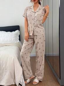 Dreamivo 2pcs Women Pajama Set, Plaid Bear Print Short Sleeve Lapel Top And Long Pants, Ladies Sleepwear Homewear Suitable For All Seasons - Brown - View 4