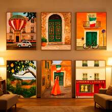 1/6pcs Italian Town Canvas Wall Art Posters, Room Home Decor Aesthetic Decorations, Optional Framed Wall Decor, Colorful European Street & Mediterranean Landscape Oil Painting Posters, Aesthetic Orange Green Gallery Wall Decor - Multicolor - View 11