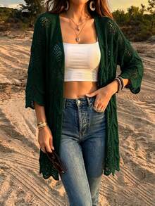 NZZOF Áo khoác kimono đan móc khoét lỗ dành cho nữ, tay lỡ 3/4, áo choàng đi biển, áo che bikini cho kỳ nghỉ hè ở bãi biển (Không bao gồm thiết kế nội thất) - Trung mộc xanh - Xem 3