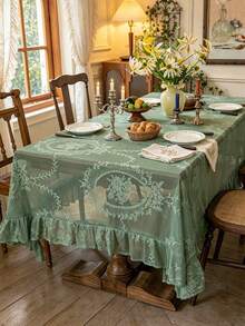 1pc White Hollow Lace Ruffled Tablecloth, Elegant Romantic Rectangular Table Decor Cloth, Suitable For Weddings, Celebrations, Home Decor, Parties, Hotels, All Seasons - Green - View 10