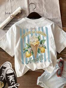 [Double-Sided Printing] Women's Casual Summer Top, Vintage Style, Lemon Ice Cream Print, LEMON ICE CREAM, Round Neck, Pure Cotton, Short-Sleeved T-Shirt[Ling K]-T Shirt Damen - White - View 2
