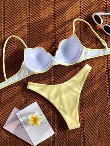 Bộ bikini hai mảnh co giãn cao cấp dành cho nữ, có chi tiết bèo nhún, buộc dây phía sau, kiểu dáng thanh lịch thường ngày. - Màu vàng - Xem 8