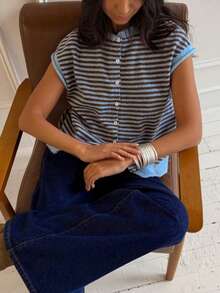 2026 Summer Blue & Black Contrast Retro Elegant Knit Cardigan, Comfortable & Breathable, Suitable For Vacation - Blue - View 4