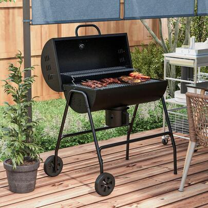 Outsunny Barrel Charcoal BBQ Smoker With 420 Sq.In. Cooking Area, Outdoor Barbecue With Wheels, Ash Catcher And Built-In Thermometer For Patio Picnic, Backyard Party, Black