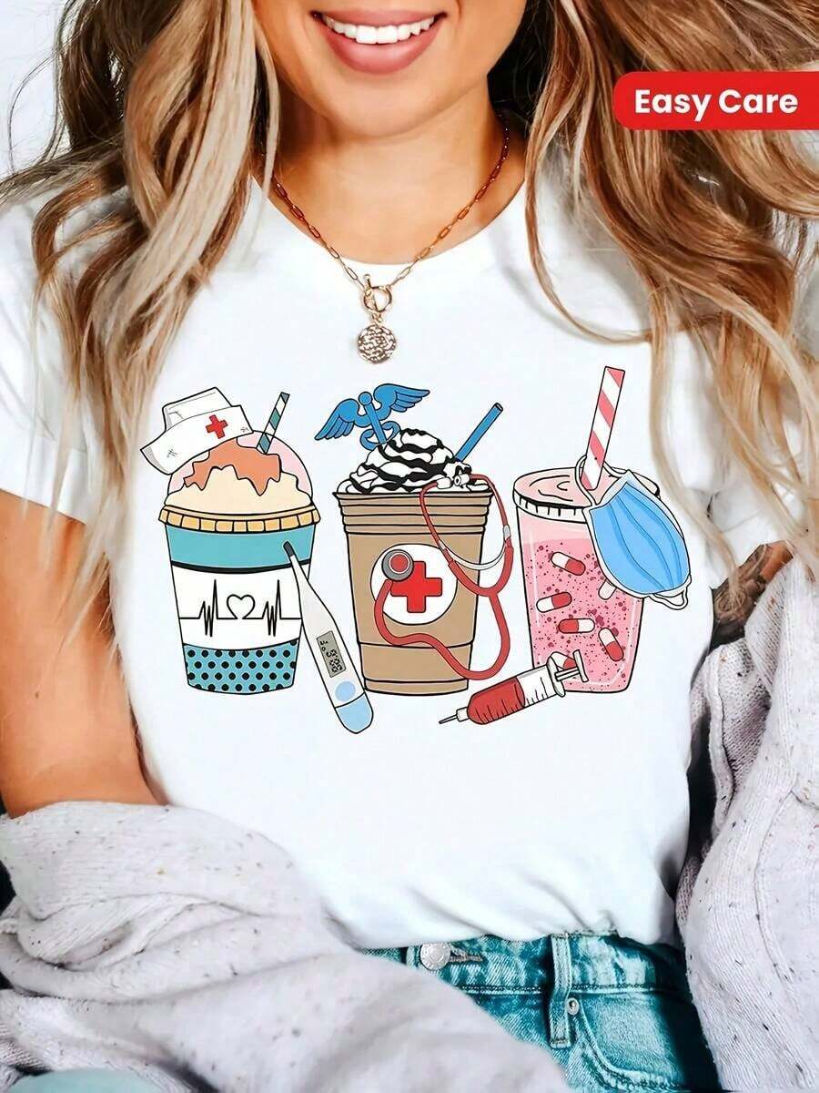 Impala Camiseta Gráfica Oversize para Enfermeras y Doctoras - Top Casual de Manga Corta con Cuello Redondo y Diseño de Temática Médica, Lavable a Máquina, Regalo Perfecto para Profesionales de la Salud, Camiseta de Verano| Impresión Humorística| Tela Mezclada, Camiseta con Gráficos Divertidos| Camiseta de cuello redondo| Camiseta de Cuidado Fácil - Negro - Ver 1