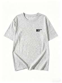 Kaos Wanita Lengan Pendek Kerah Bulat Longgar Serbaguna Minimalis dengan Cetakan Huruf, Kasual Musim Semi/Panas - Abu-abu muda - View 5
