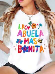 Soft 100% Cotton T-Shirt [Women's Graphic Print T-Shirt] Women's Casual Short Sleeve Crew Neck T-Shirt - Soft And Stretchy Fabric With Colorful Graphic Print "I Love You, Mom", Palm Tree And Star Design - Machine Washable, Comfortable Fit For All Seasons, Ladies' T-Shirts, Relaxed Fit, Eye-Catching T-Shirt, Comfortable Fit, Printed Top, Fun Style For Lovers, Weekend Outfit, Playful Print, Breathable Material, Stylish Blouse, Breathable Cotton T-Shirt For Women, Goes With Everything. - 白色 - 查看 6