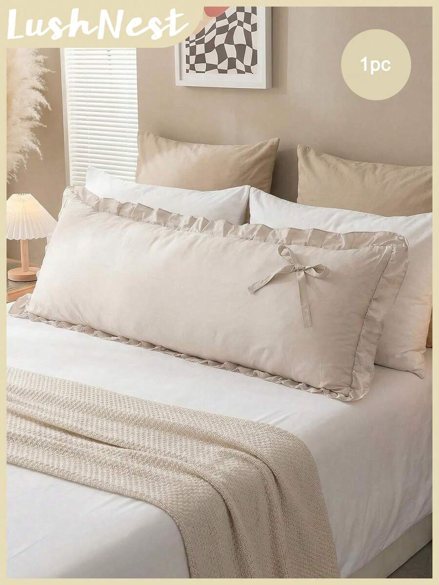 1pc Beige Tie Ruffle Edge Long Pillowcase (Pillow Insert Not Included), Comfortable Breathable Polyester Fabric Suitable For All Seasons, Applicable For Bedroom Scenes, Home Decor, Versatile Daily Fresh And Cute, Ruffle Edge Design, Bow Decor, Beige Aesthetic, Cute Bedroom Decor, Comfortable Bedding, Multifunctional Home Style