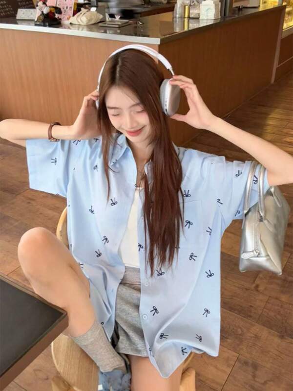 Sweet Bowknot Blue Regular Shoulder Short Sleeve Chiffon Blouse, Loose Fit Summer New Style Top