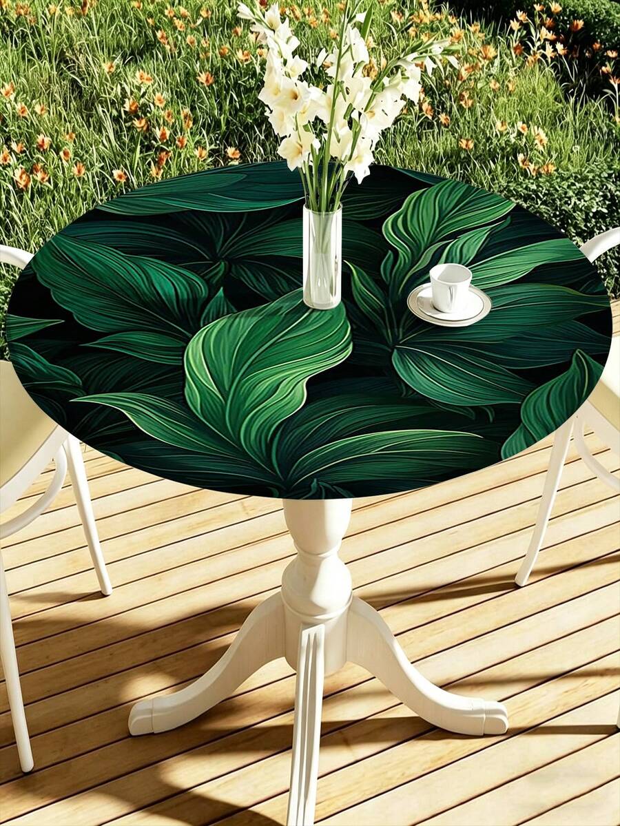 1pc Tropical Palm Leaf Tablecloth With Elastic Band, Polyester Hawaiian Green Leaf Round Tablecloth For Kitchen, Dining Room, Party, Patio Table - A - View 1