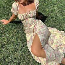 Vestido con estampado Floral para mujer, vestido con abertura, dulce Puff, manga corta, cuello cuadrado, ajustado, Maxi, para vacaciones, verano, informal, Sexy, corte en A - Amarillo - Ver 1