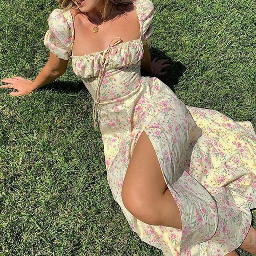 Vestido con estampado Floral para mujer, vestido con abertura, dulce Puff, manga corta, cuello cuadrado, ajustado, Maxi, para vacaciones, verano, informal, Sexy, corte en A - Amarillo - Ver 1