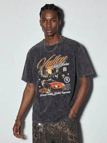 Modcrash Hemo, Men's Street Racing Graphic T-Shirt, Slightly Stretchy Distressed Finish Cotton Blend Black Crew Neck Short Sleeve Tee, Casual Daily Wear , Retro American, Unisex, Relaxed Fit Summer Outfits – Suitable For Everyday Wear And Summer Holiday Outfits. - Black - View 1