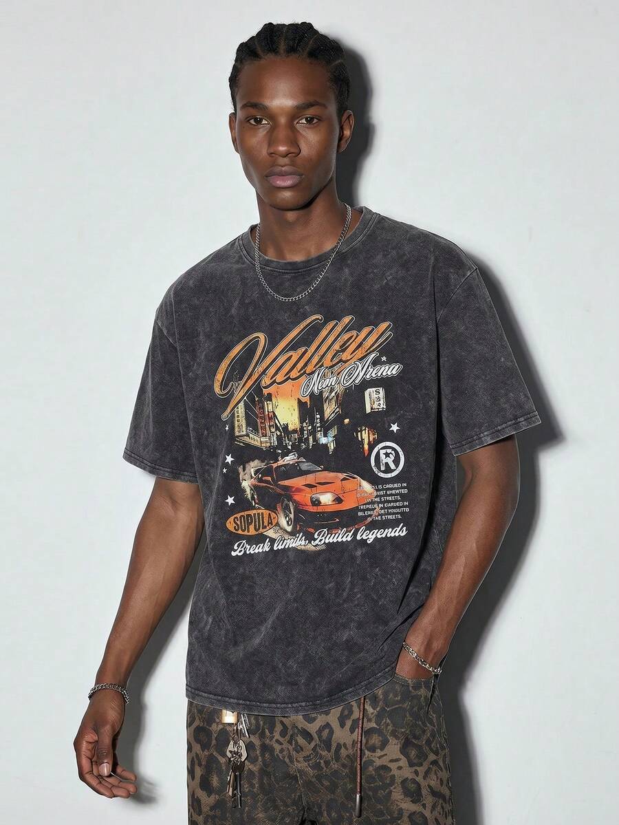 Modcrash Hemo, Men's Street Racing Graphic T-Shirt, Slightly Stretchy Distressed Finish Cotton Blend Black Crew Neck Short Sleeve Tee, Casual Daily Wear , Retro American, Unisex, Relaxed Fit Summer Outfits – Suitable For Everyday Wear And Summer Holiday Outfits. - Black - View 1