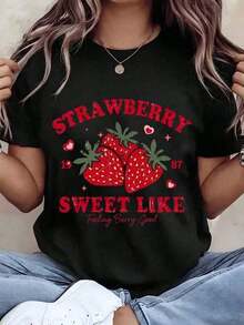Camisetas para mujer, camiseta con estampado de fresas "Sweet Like Feeling Berry Good", cuello redondo, estilo casual, top de verano, ideal para regalo. Adecuada para primavera, verano y otoño. - Negro - Ver 6