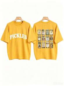 [Olive Green Sweatshirt] Soft Olive Green Crewneck Sweatshirt |     PICKLES Letter Print & Pickle Jar Graphic - Mid-Stretch Fabric, Machine Washable - 黃色 - 查看 5