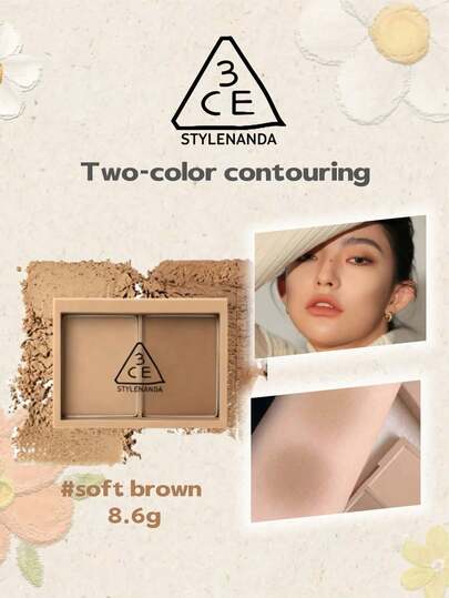 3CE 1pc Soft Brown Dual Contour Face Contour Palette , 8.6g Natural Finish Face Makeup Blendable Texture Soft Sculpted Look K-Beauty Makeup