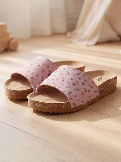 Bộ sưu tập mới Xuân Hè - Sandal trẻ em 3-12 tuổi màu hồng họa tiết hoa nhỏ, đế bằng nút bần. Đế màu hồng nhạt + họa tiết hoa hồng nhỏ màu hồng. Quai trước rộng bằng vải giả da lộn. Đế giữa bằng nút bần chống trơn trượt. Kiểu dáng nhẹ nhàng và đơn giản. Sandal trẻ em đa năng cho mùa xuân!