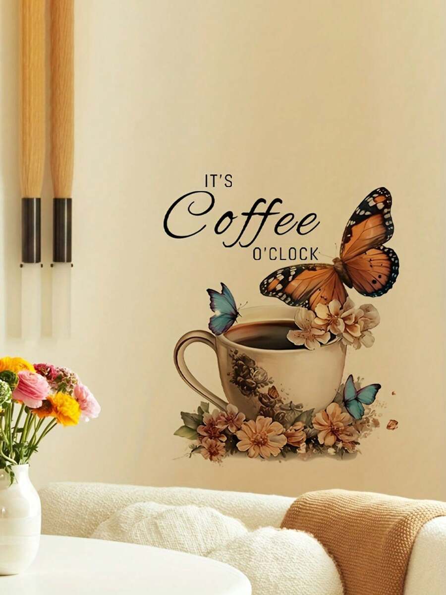 1pc PVC Waterproof Sticker, Floral Coffee Cup Wall Decal, Butterfly & English Letter Decorative Sticker, Watercolor Flower Kitchen Cabinet Window Wall Sticker - one-size - View 1