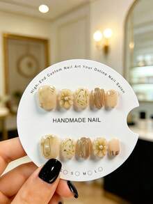 10 Pieces Of Hand-Made Short Squoval Press-On False Nails, Featuring Ink-Wash Gradient Of Cyan Green, Accented With Bamboo Leaf Lines And 3D Embossed Flowers. These Beautiful Nails Are Suitable For Women And Girls, Perfect For Parties, Weddings And Daily Wear, And Come With A Tool Kit. - Lime Green - View 11