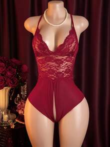 Bộ đồ lót gợi cảm dành cho nữ, áo ngủ ren không dây hở đáy, bộ jumpsuit xuyên thấu ôm sát quyến rũ, trang phục đầy đam mê và cám dỗ. - Đỏ - Xem 8