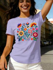 Mexican-Style T-Shirt With A Colorful Floral Print Featuring Festive Motifs, Casual Short-Sleeved Top With A Round Neck For Women. DWRM - 淺紫色 - 查看 6