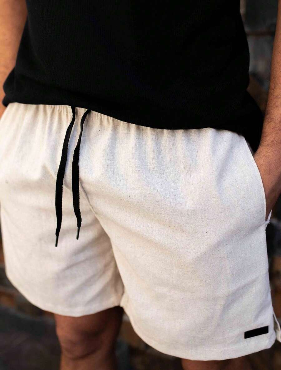 Men's Linen Comfort Shorts With Discreet Side Pockets And Elastic Waistband - Light Beige - View 1