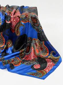 1pc Women's Large Floral Print Scarf, 90cm Big Size Satin Silk-Feel Square Scarf Headscarf - Navy Blue - View 4