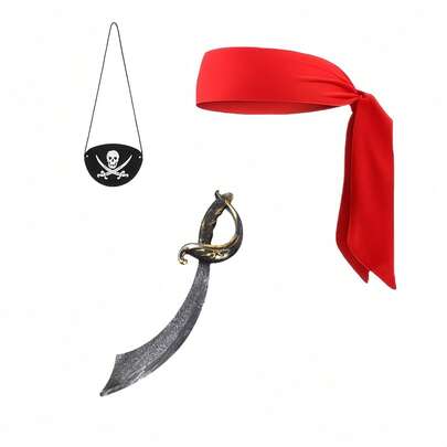 3pcs Pirate Costume Set - Pirate Sword, Headscarf, Double Sword Skull Design Eye Patch, Realistic Pirate Weapons, Women Costume Set, Suitable For Party, Performance, Daily Wear, Carnival