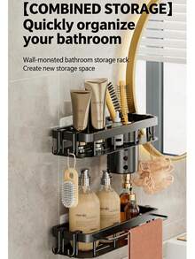 1pc Black No-Drill Bathroom Hollow Storage Rack With Hooks And Pen Holder, Wall-Mounted Drainage Shower Caddy For Back To School Season - Multicolor - View 2